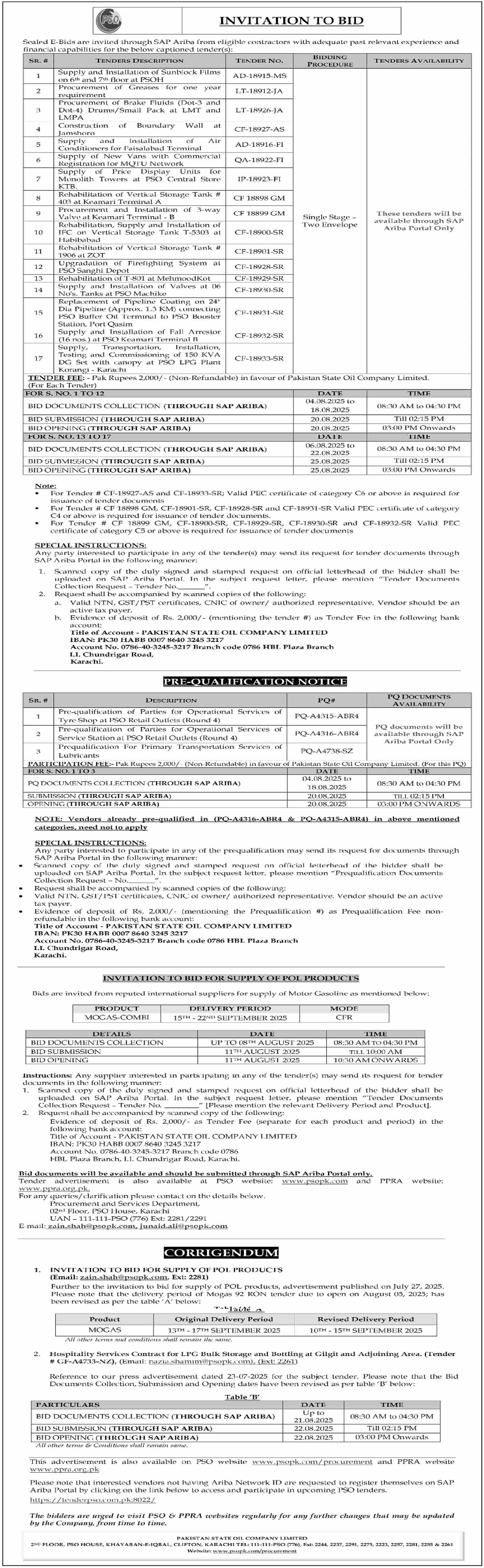 Pakistan State Oil Company Limited Karachi Tender Notice